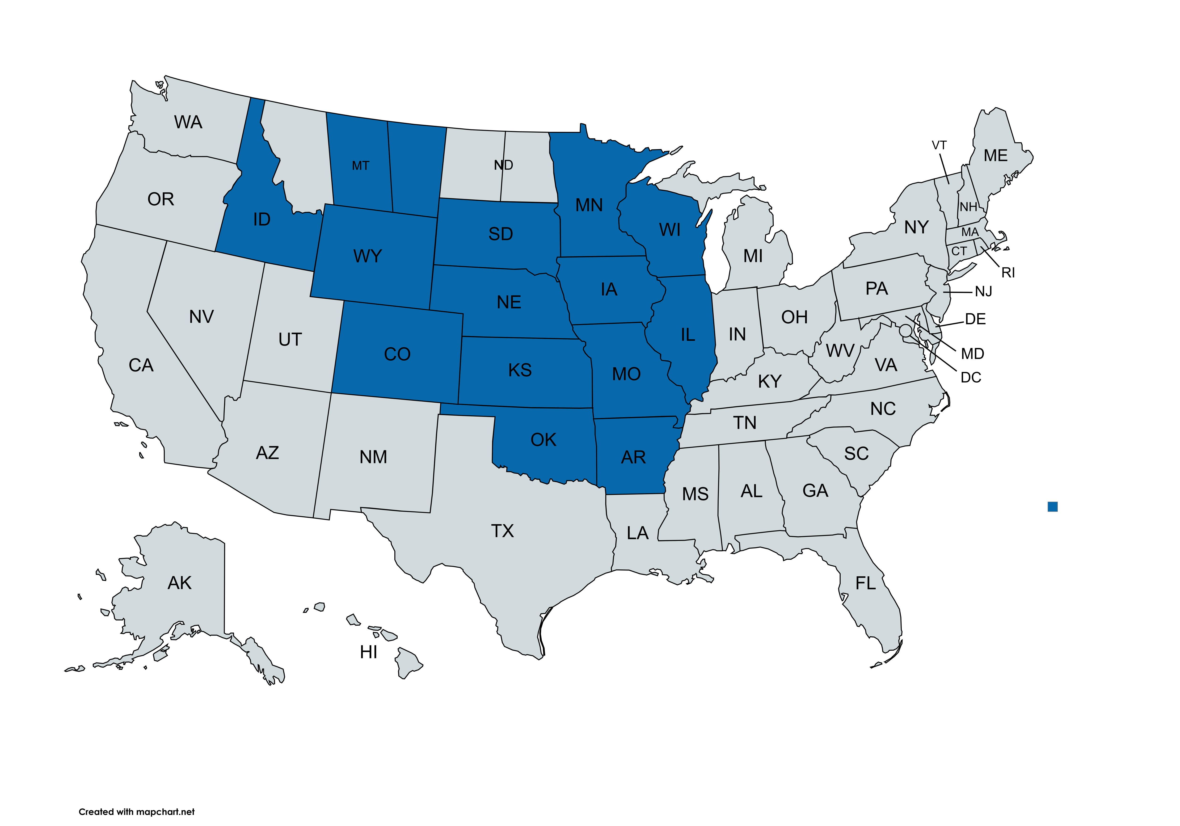 A map of covered recruitment areas including: Idaho, Wyoming, South Dakota, Nebraska, Kansas, Colorado, Oklahoma, Arkansas, Missouri, Illinois, Iowa, Wisconsin, Minnesota, central and eastern Montana