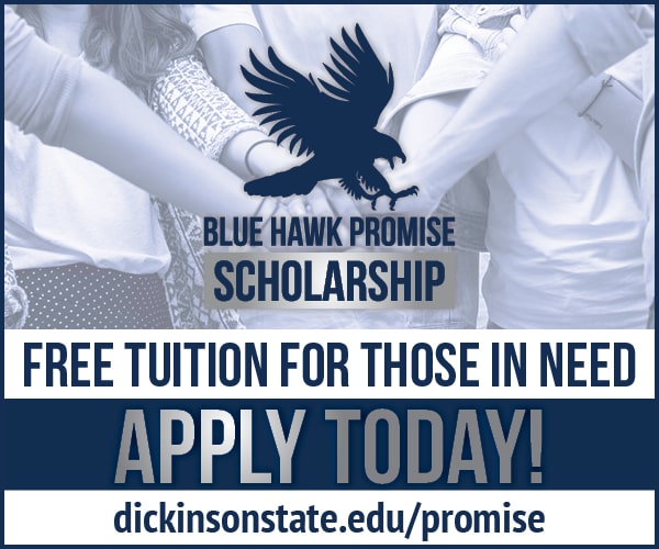 Hawk logo. Blue Hawk Promise Scholarship. Visit dickinsonstate.edu/promise