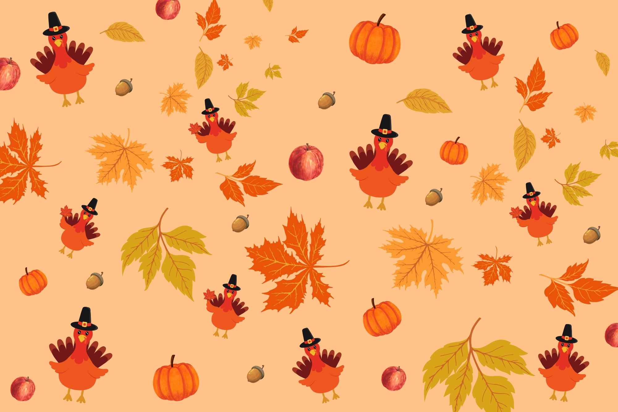 Decorative image features a pattern of turkeys, pumpkins, and leaves.