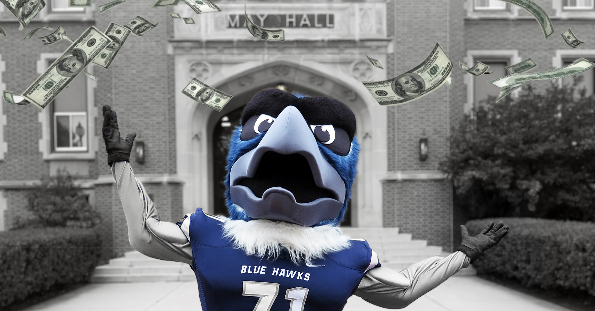 Buster Blue Hawk Mascot with money raining down on him