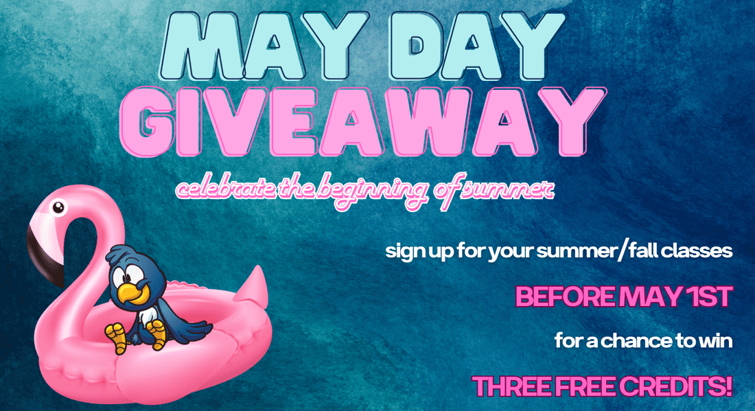 Small blue bird sitting on a inflatable pink flaminge in water. May Day Giveaway Celebrate the Biggining of Summer. Sign up for your summer/fall classes before May 1st for a chance to win three free credits. 
