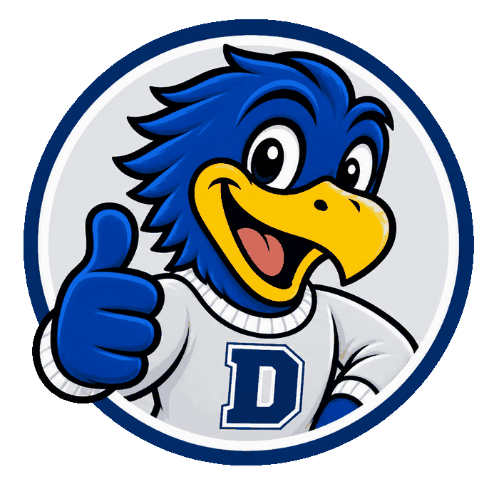 Buster the Blue Hawk, the Dickinson State University mascot, giving a thumbs up