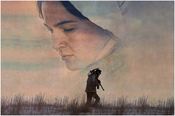 Promotional image for the film "A Heart Like Water" with a person walking across a field and a woman face in the sky above.