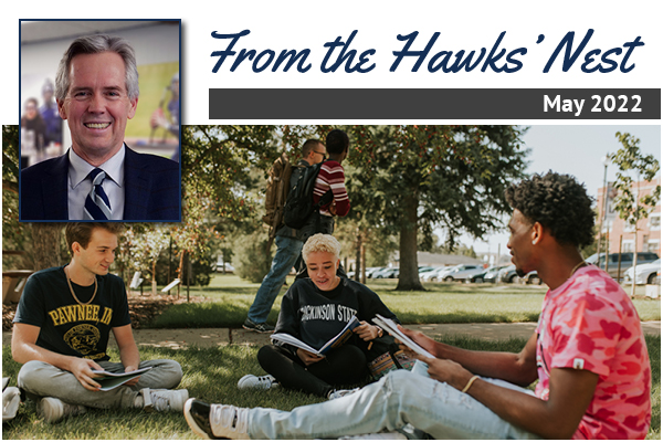 Hawks' Nest header image featuring photo of President Steve Easton and another photo of students outdoors reading books on the lawn.