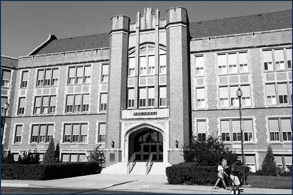 black and white of May Hall