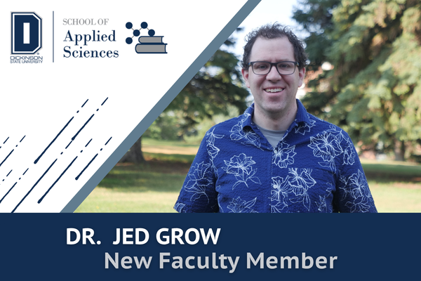 dr. jed grow, a new faculty member in dsu’s school of applied sciences, stands outdoors wearing glasses and a blue floral shirt. the graphic includes the school of applied sciences logo and the text “dr. jed grow — new faculty member.”